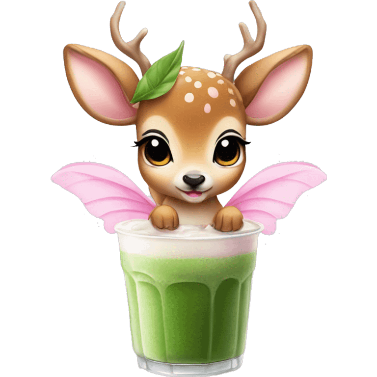 baby deer with fairy wings and a pink bow around its neck drinking iced matcha latte  emoji