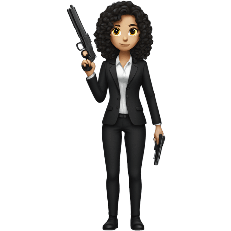 Brunette Girl with long curly hair in black suit with gun emoji