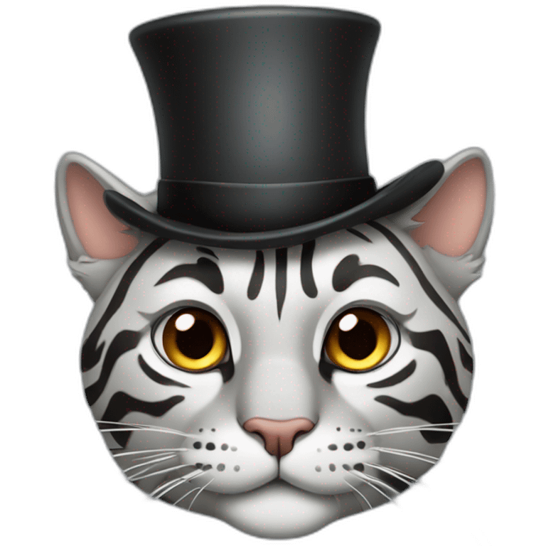 Grey tiger cat with bits of brown using a top hat emoji