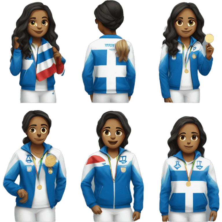 A woman at the Olympics who has the Israeli flag on her jacket with a gold medal emoji