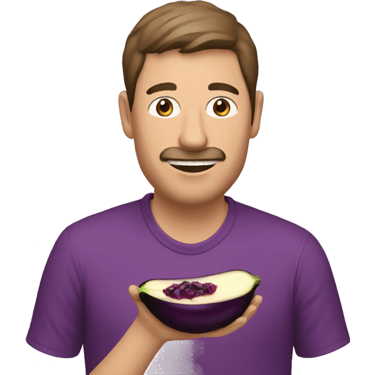 A man eating an aubergine emoji