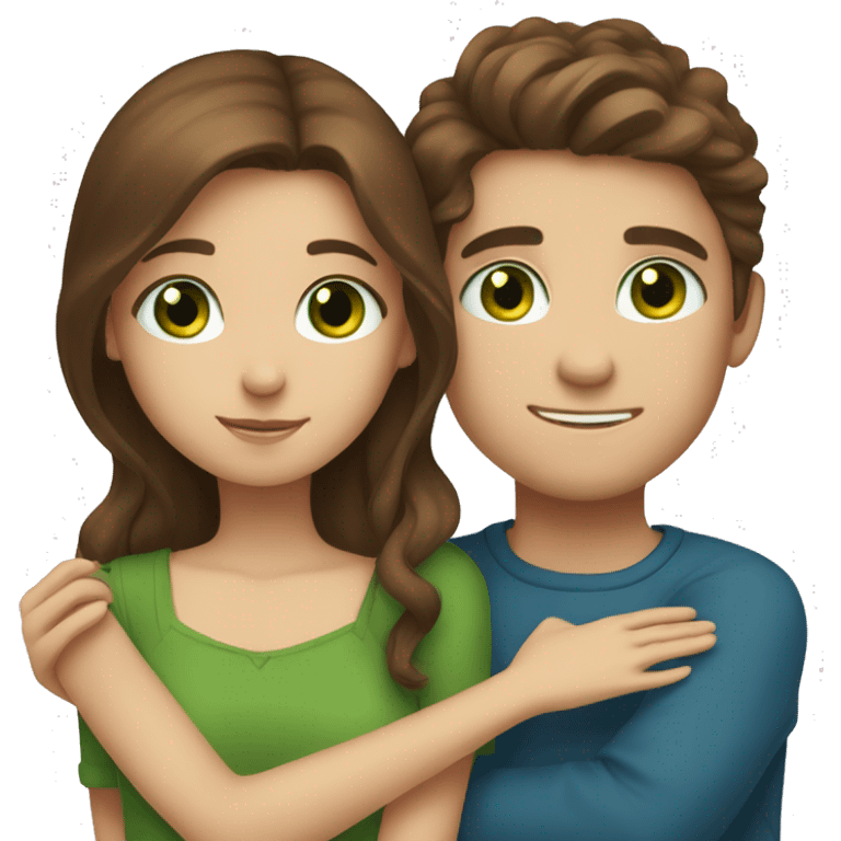 girl with brown hair and blue eyes hugging a boy with brown hair and green eyes  emoji