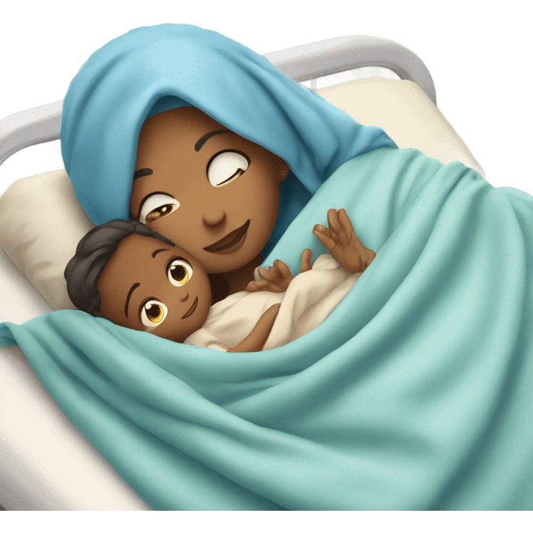 A mother lying on a hospital bed, cradling her newborn baby wrapped in a soft blue swaddle blanket.






 emoji