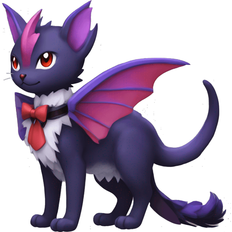  kawaii cute black purple red ethereal fantasy beautiful elegant nargacuga-Noivern-cat-Fakemon collar harness bow tie and bracers full body emoji