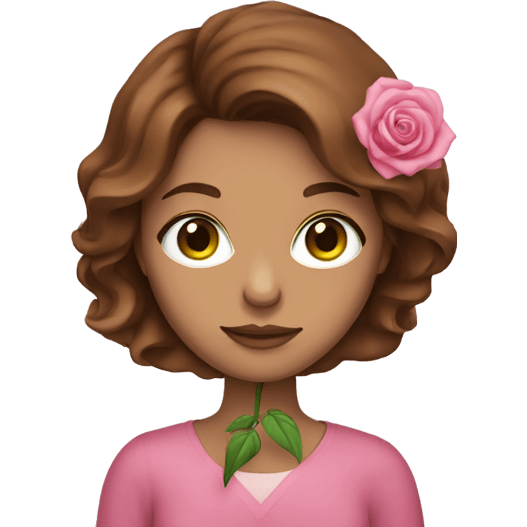 Green eyed brown hair woman holding pink rose emoji