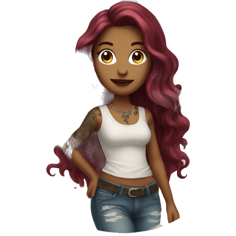 Beautiful tattooed  burgundy long haired woman walking on the beach emoji