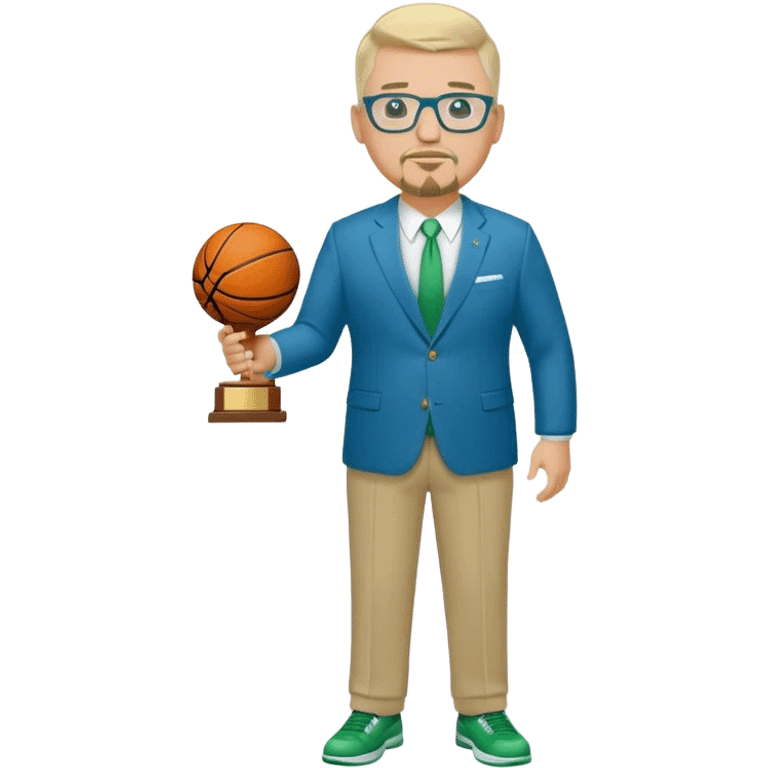 Full Body white fat male  wearing glasses with a goatee with light blonde gray very short hair basketball head Coach in blue and green suit holding trophy emoji