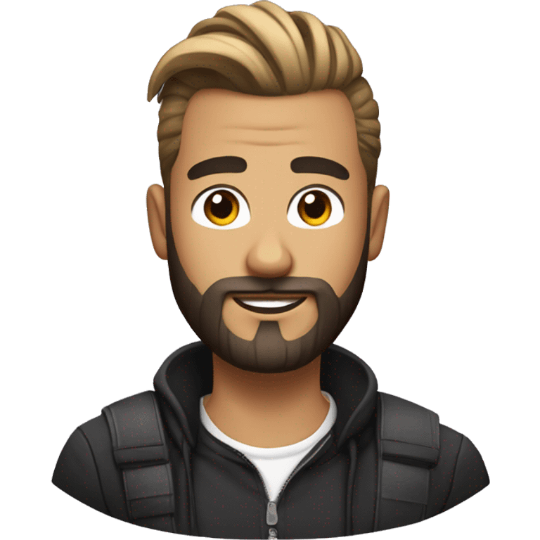 Designer with man bun and black short beard and skunk stripe in hair emoji