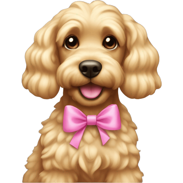 Cute blonde cockapoo with straight hair and a pink bow on head smiling emoji