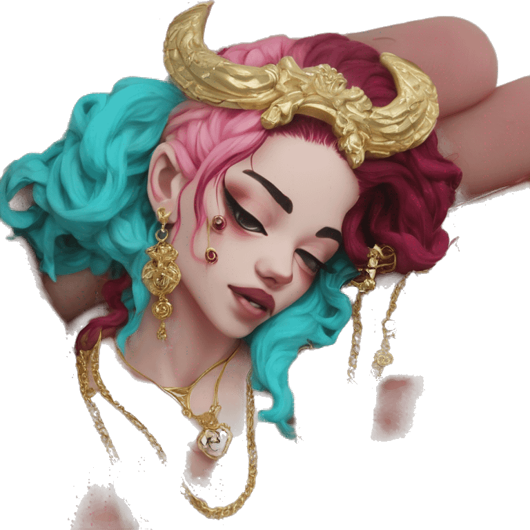 Vintage painting swirls gold jewellery baroque raven wings angel tropical Deep pink maroon burgundy cyan dark hoodie man vitiligo dyed hair gold piercings nose piercing ear piercings emoji