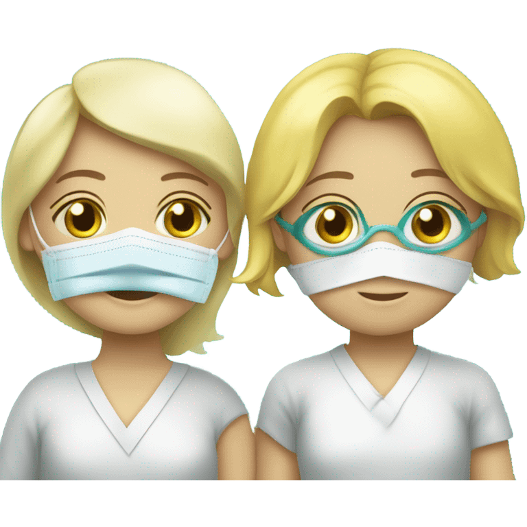 Two blonde children, sick, each in their own bed, wearing surgical masks, one Boy, one girl, at home, get well soon sign with yellow heart emoji