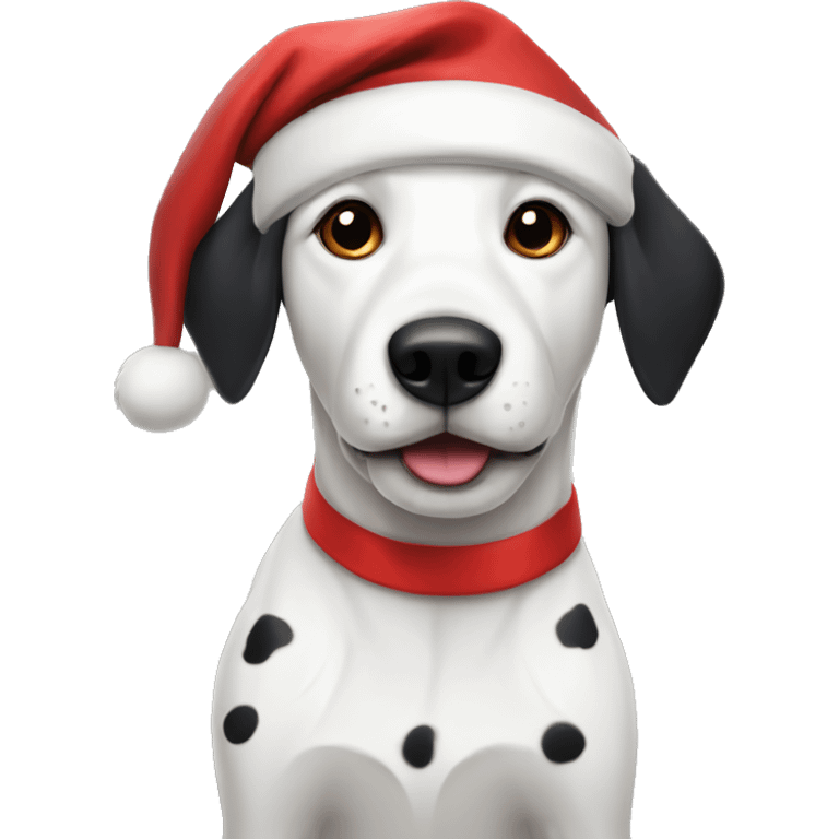 white dog with black ears and black spots, wearing santa hat emoji