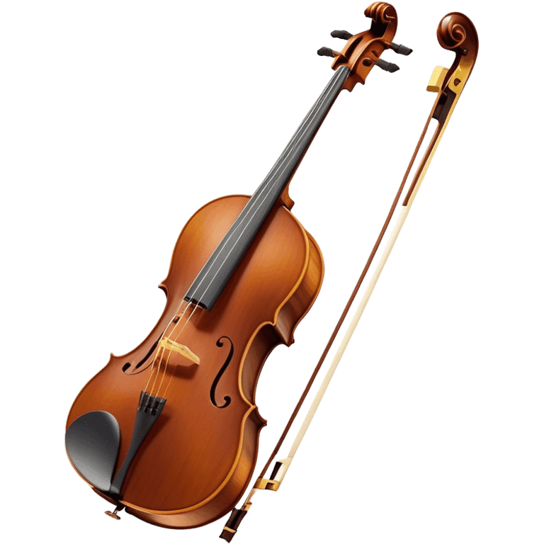 Create an elegant and refined emoji representing the Cremona cello with a Hans Klein HKCB bow. The design should feature the curved wooden body of the cello with a rich, glossy finish, capturing its classical shape and intricate details. The bow should be displayed with fine craftsmanship, highlighting the hair and the smooth, polished wooden stick. Include subtle musical notes floating around the instrument to emphasize its rich, melodic sound. Use deep wood tones like chestnut brown, gold accents for the fittings, and soft lighting effects to give the instrument a timeless, professional feel. The background should be transparent. emoji