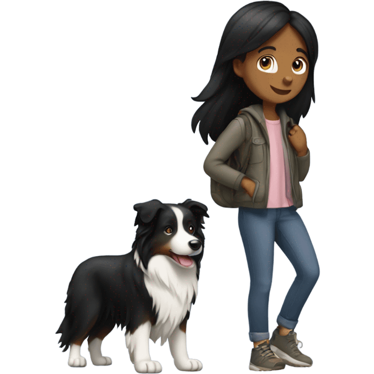 Girl with black hair walking a border collie mountain dog  emoji