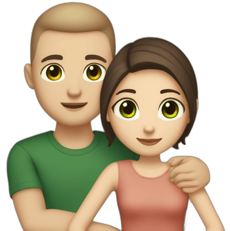 white skin Boyfriend with a light brown buzzcut and green eyes and medium length dark brown hair girlfriend with black eyes hugging emoji