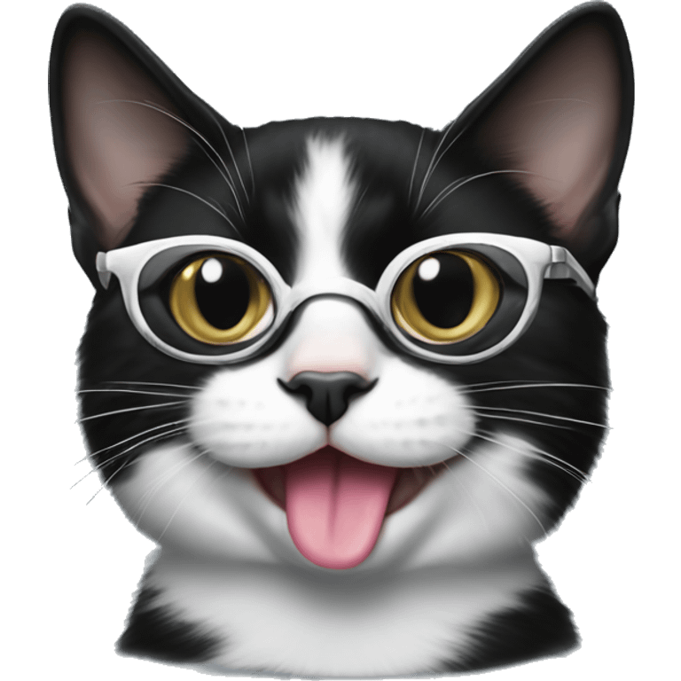 tuxedo cat wearing glasses and tongue out emoji