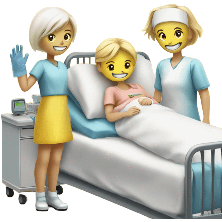 Two blonde children, sick, wearing masks, one Boy, one girl, sick in beds, at home, get well soon sign with yellow heart, blonde nurse at the head of the beds emoji