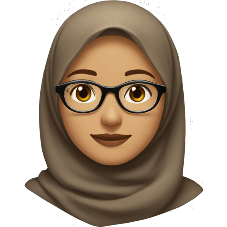 The image depicts a young woman wearing a light brown hijab and clear, round glasses. She is smiling softly, with a natural expression on her face. She is wearing a black outer garment,  emoji