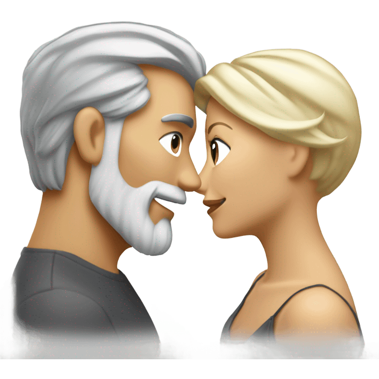 Handsome greying man with long hair in a tail and beard kissing blond athletic woman with pixie cut emoji