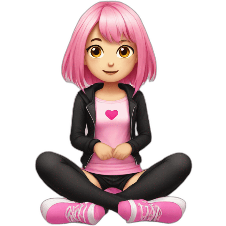 full body Front view emo girl sits on the floor black skirt pink knickers emoji