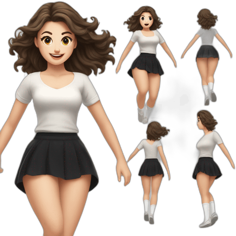 realistic full body caucasian curvy beauty jumping short black skirt back and front views strong wind white knickers long white socks emoji