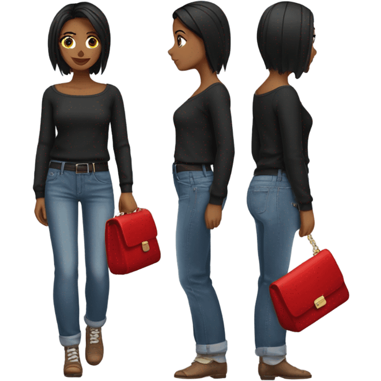 Stylish brunette girl with low rise baggy jeans white square neck top black sweater and red purse  emoji