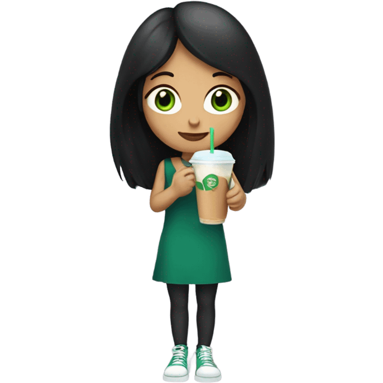 Girl with long black hair green eyes drinking an ice coffee  emoji