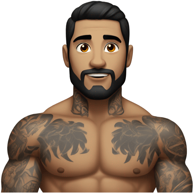 Muscular man with black hair and tattoos on his back and arm emoji