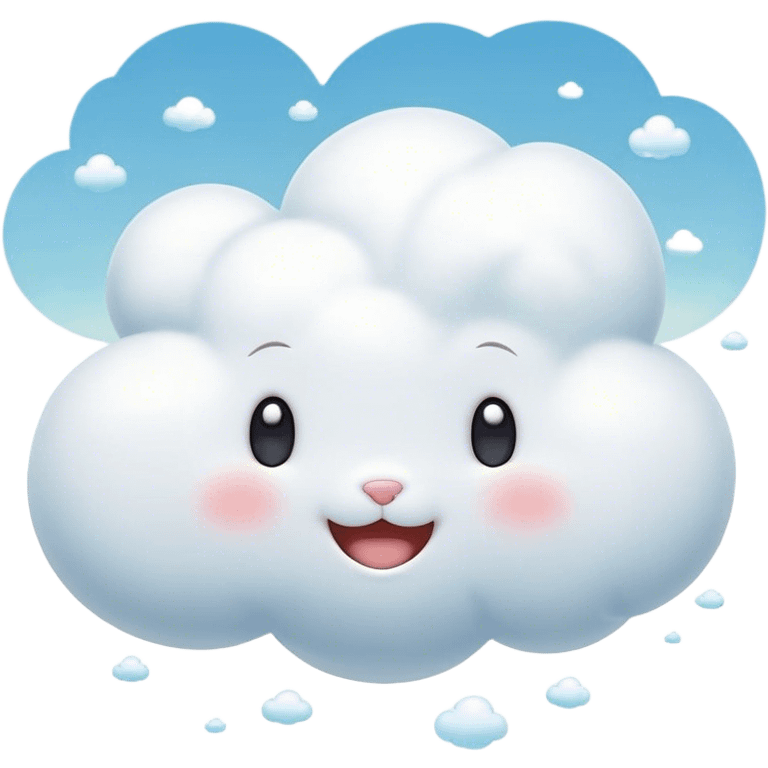 Cinematic tiny puffy bunny-shaped cloud, floating gently in the sky, soft glowing light, tiny rounded ears, smiling face, dreamy and magical. emoji