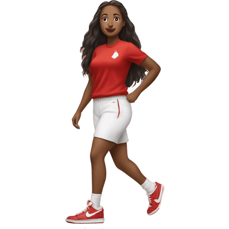 girl walking red shirt & red & white dunks nike emoji