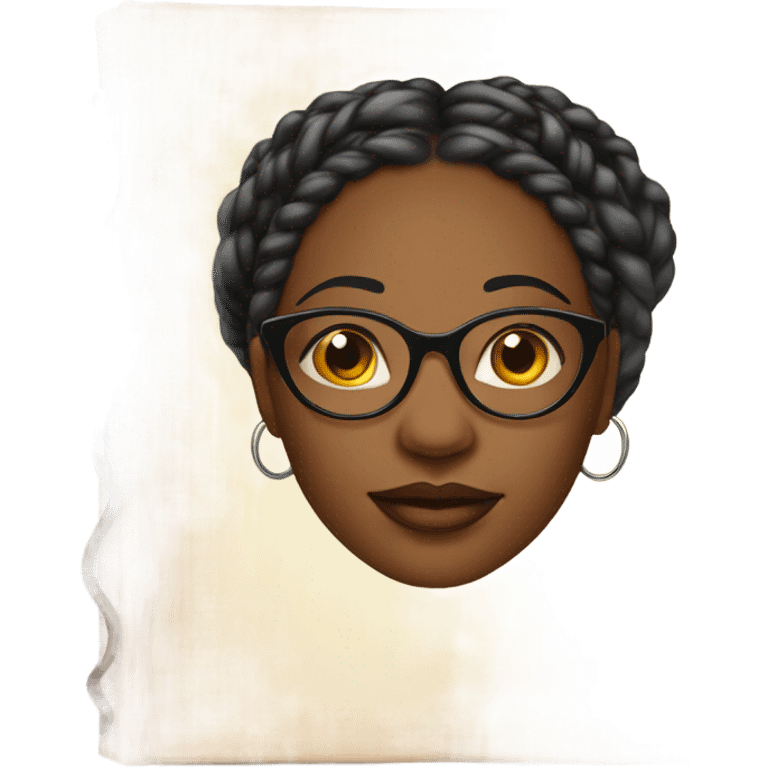 Outline of a black womans face who has glasses, braids and hoop earrings, that appears to be coming out the pages of an open book emoji