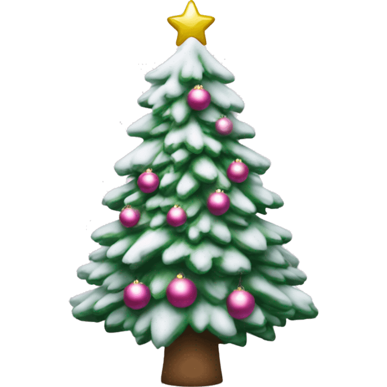 christmas tree with snow on it and silver and pink ornaments with a star on top emoji