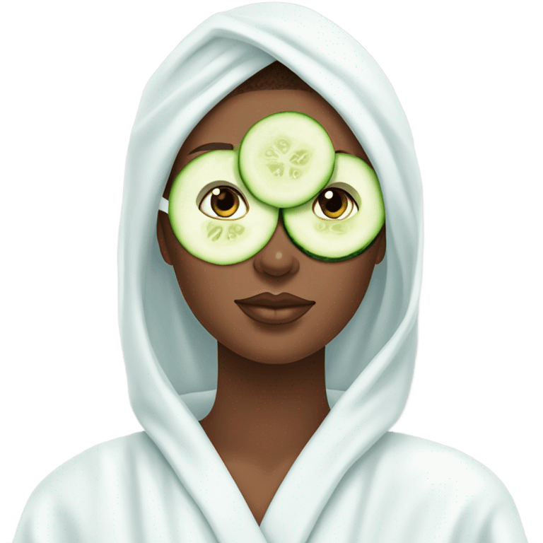 Girl with freackles Brown hair white skin and blue eyes wears Green colored texture skin care mask all over her face while She relaxes she puts on two mini round piece of cucumber on her closed eyes In a white Robe emoji