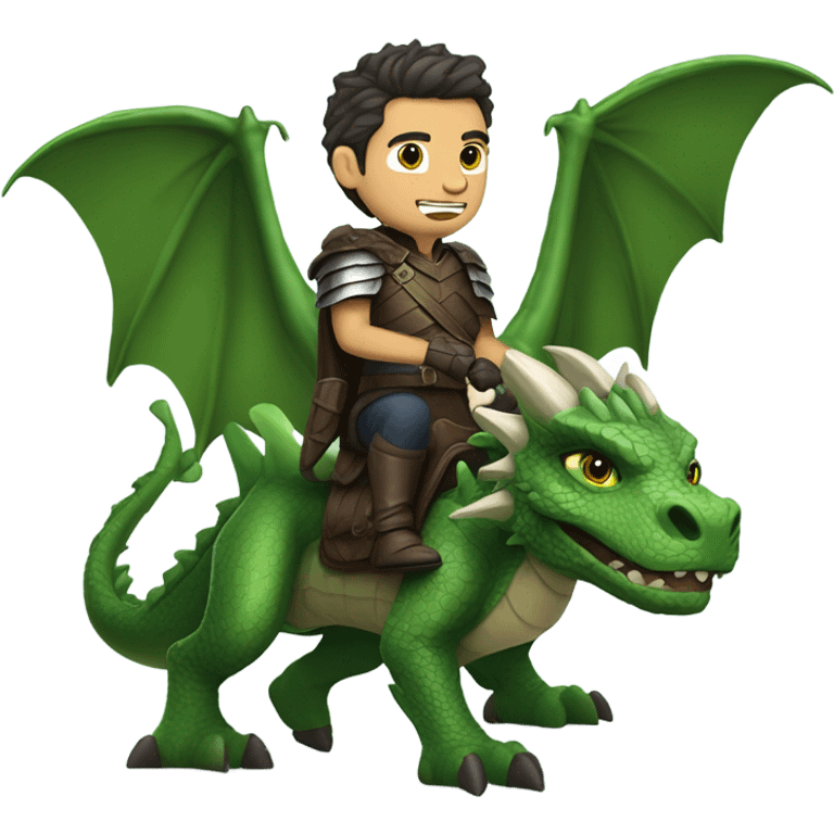 Determined armored White Man with dark brown pompadour hair and a short beard riding on the back of a giant green dragon emoji