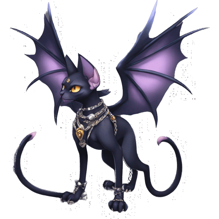 cool punk kawaii edgy distinguished pretty elegant beautiful fantasy black ethereal cartoon nargacuga-Noivern-sphynx-Quiana-Fakemon collar harness chains necklace full body emoji