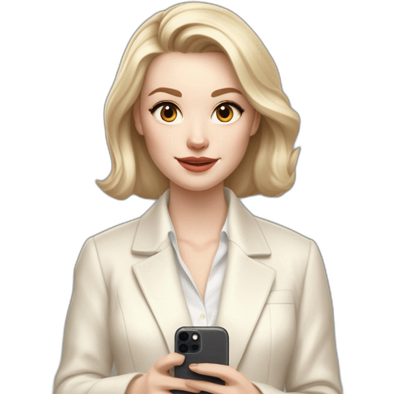 pale skin woman with ash blonde Straightened bob Hair, White Spacious classical jacket, beige palazzo Arrow pants and gray blouse holding white IPhone 15 pro in the hands emoji