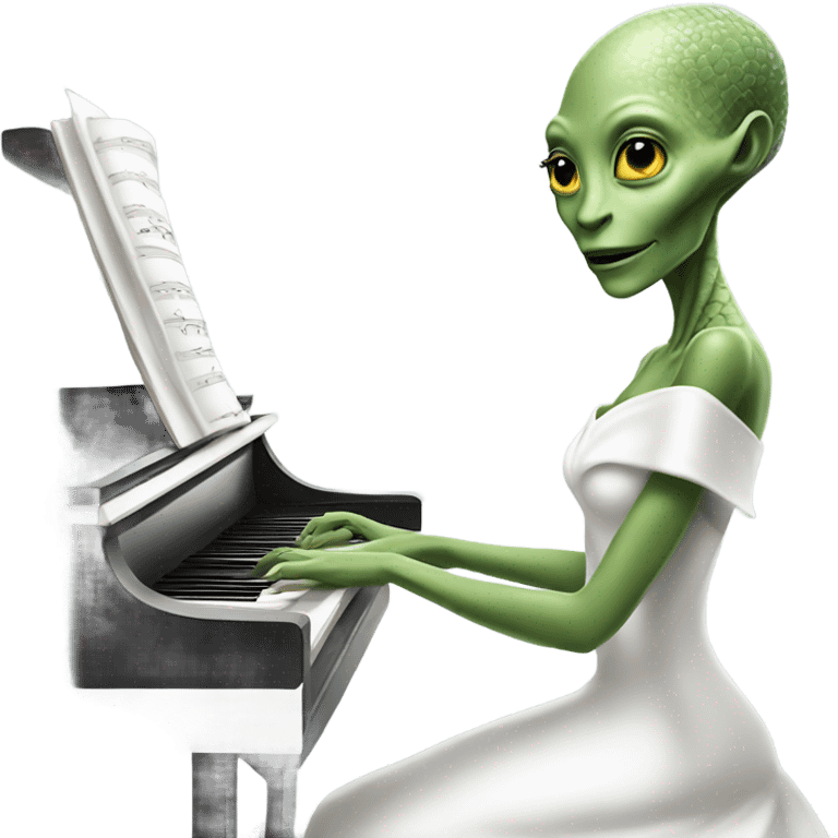 a Reptilian alien woman, play a piano, in white elegant dress emoji