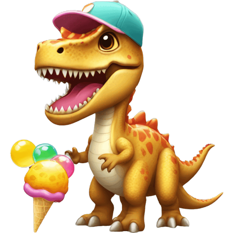 A Dino with a cap and a lolly with bubbles in the back emoji