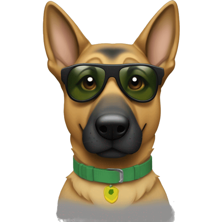 Slim weak german shepherd with green-yellow belt and full black sunglasses and hair colour gray and a little brown near mouth from the front view emoji