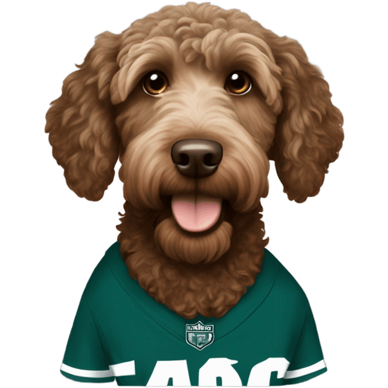 brown Labradoodle wearing a Philadelphia eagles shirt emoji