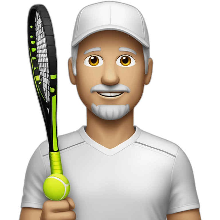 Tennisplayer white male in his 50s, gray hear, white cap with tennis raquet and tennis ball emoji