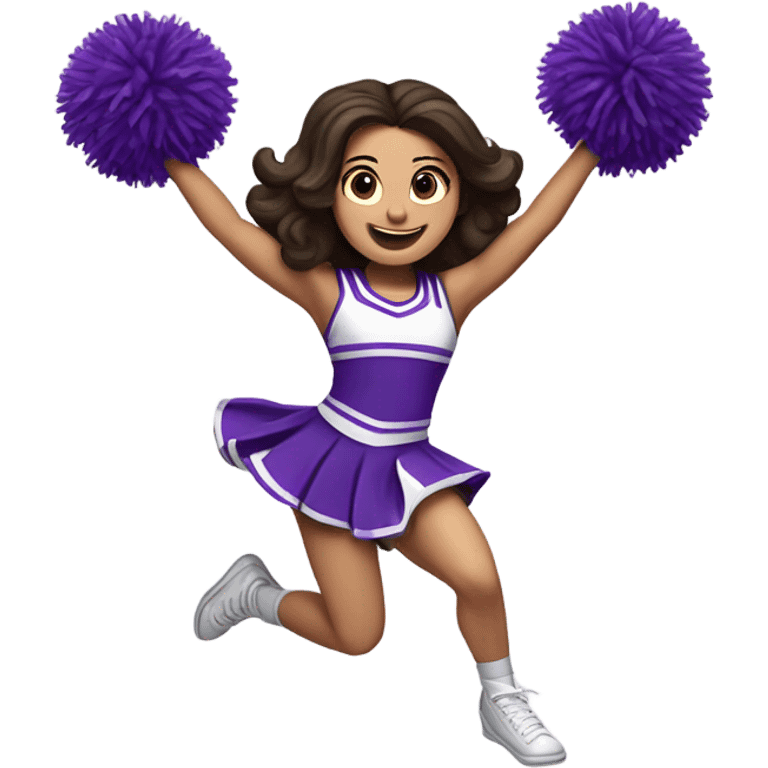 Caucasian cheerleader with long dark brown hair, jumping and holding up two purple Pom poms, small full body emoji emoji