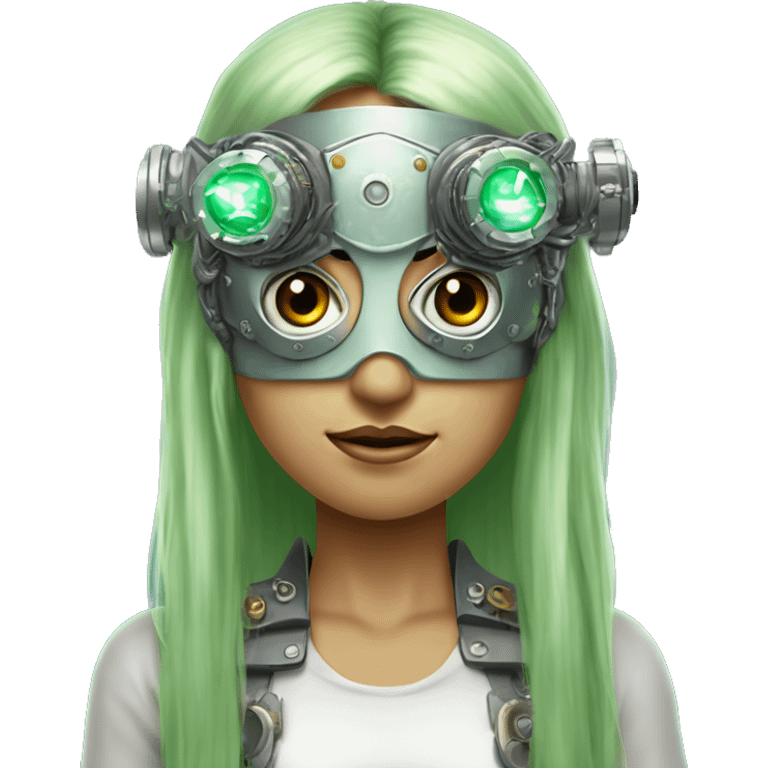 Light green long hair female cyborg head with silver steampunk goggles as a headband, circuits emoji