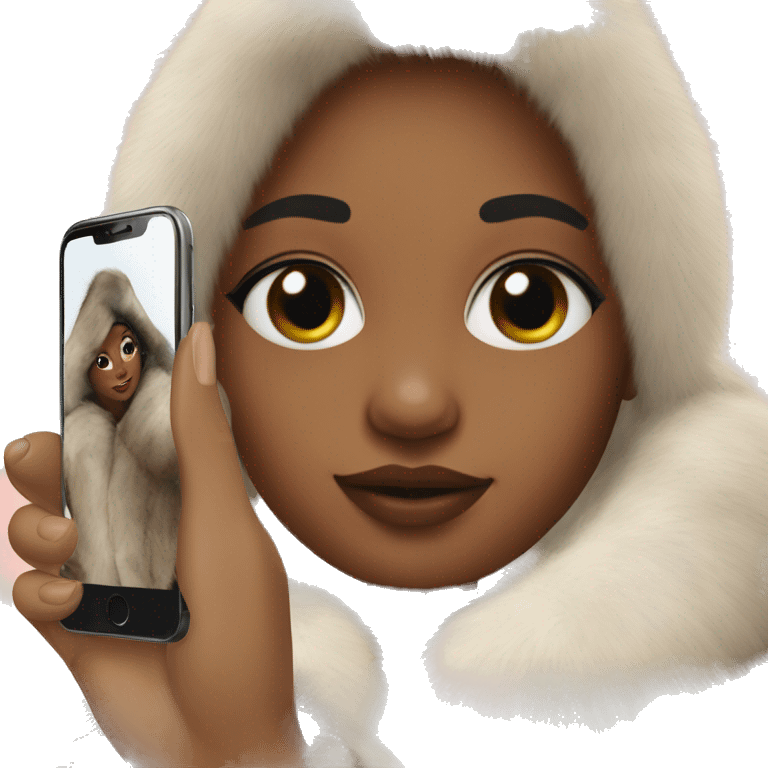 A girl in a fur coat takes a selfie on an iPhone emoji