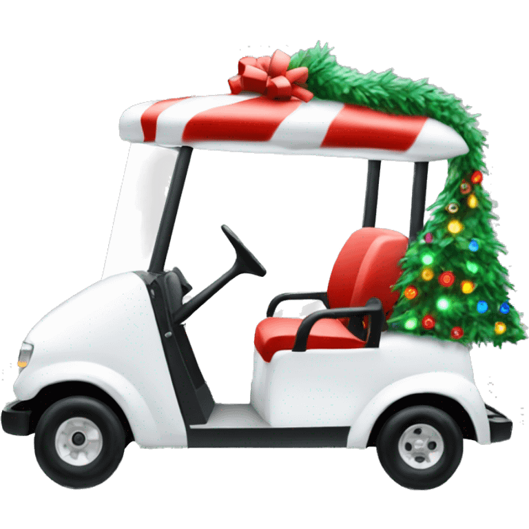 White Christmas golf cart decked out with holiday lights emoji