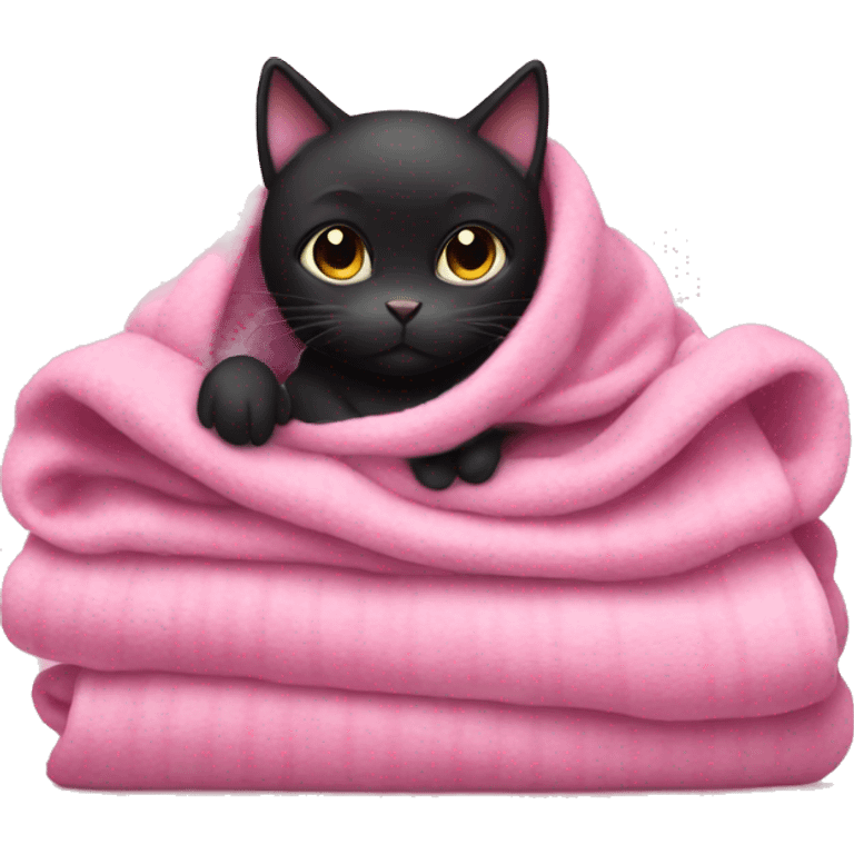 Black cat cozy in pink blanket emoji