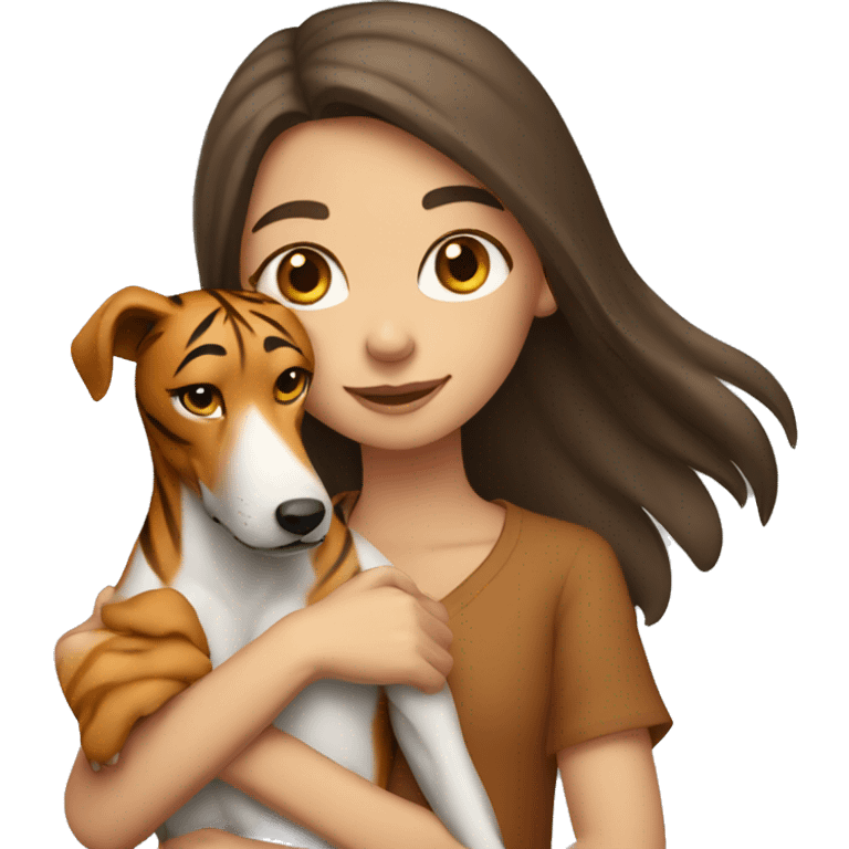 girl with long brown hair hugging greyhound color tiger emoji