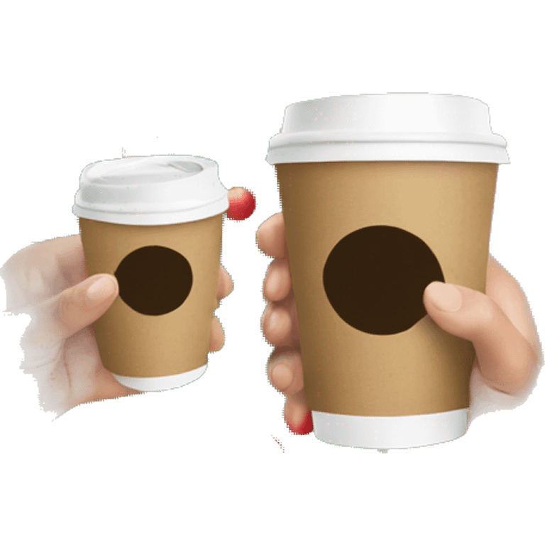 two hands holding paper coffee cups on a photo of a Christmas tree emoji