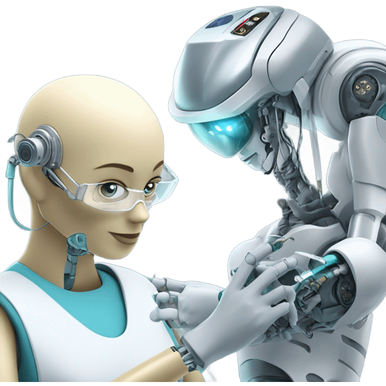 One cyborg performing brain surgery on a robot.  emoji