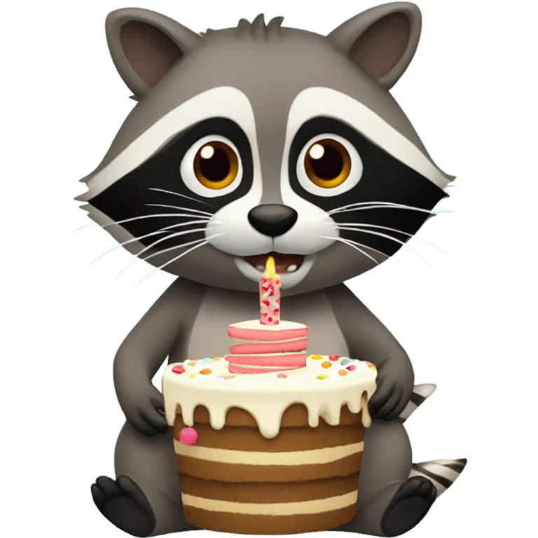 Raccoon eating birthday cake and drinking coffee emoji